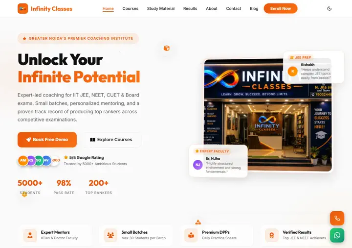 Infinity Classes, live website screenshot